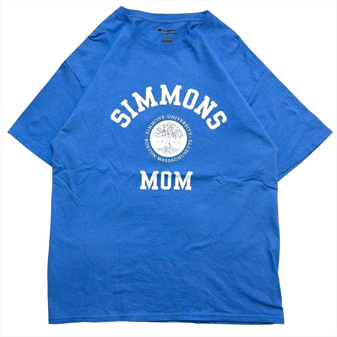 チャンピオン Tシャツ 半袖 ブルー Champion 古着 メンズ L シモンズ大学 カレッジ クリーニング済み拍卖