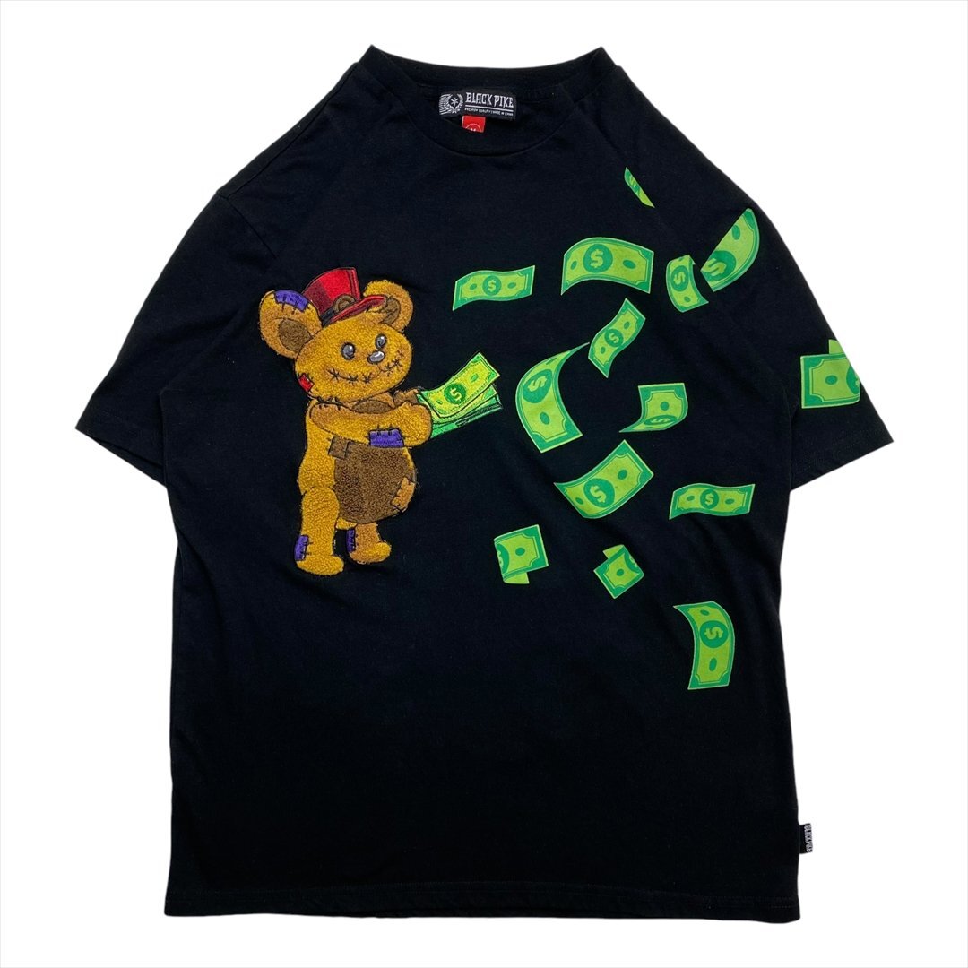 Tシャツ 半袖 ブラック 古着 メンズ M 熊 ドル札 クリーニング済み拍卖