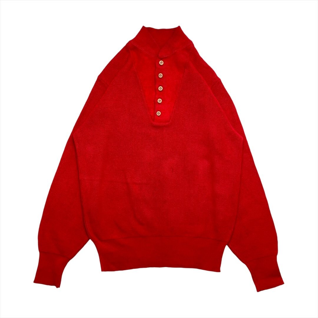 ニット セーター レッド 古着 メンズ L ウッドボタン USA製 アウトドア クリーニング済み拍卖