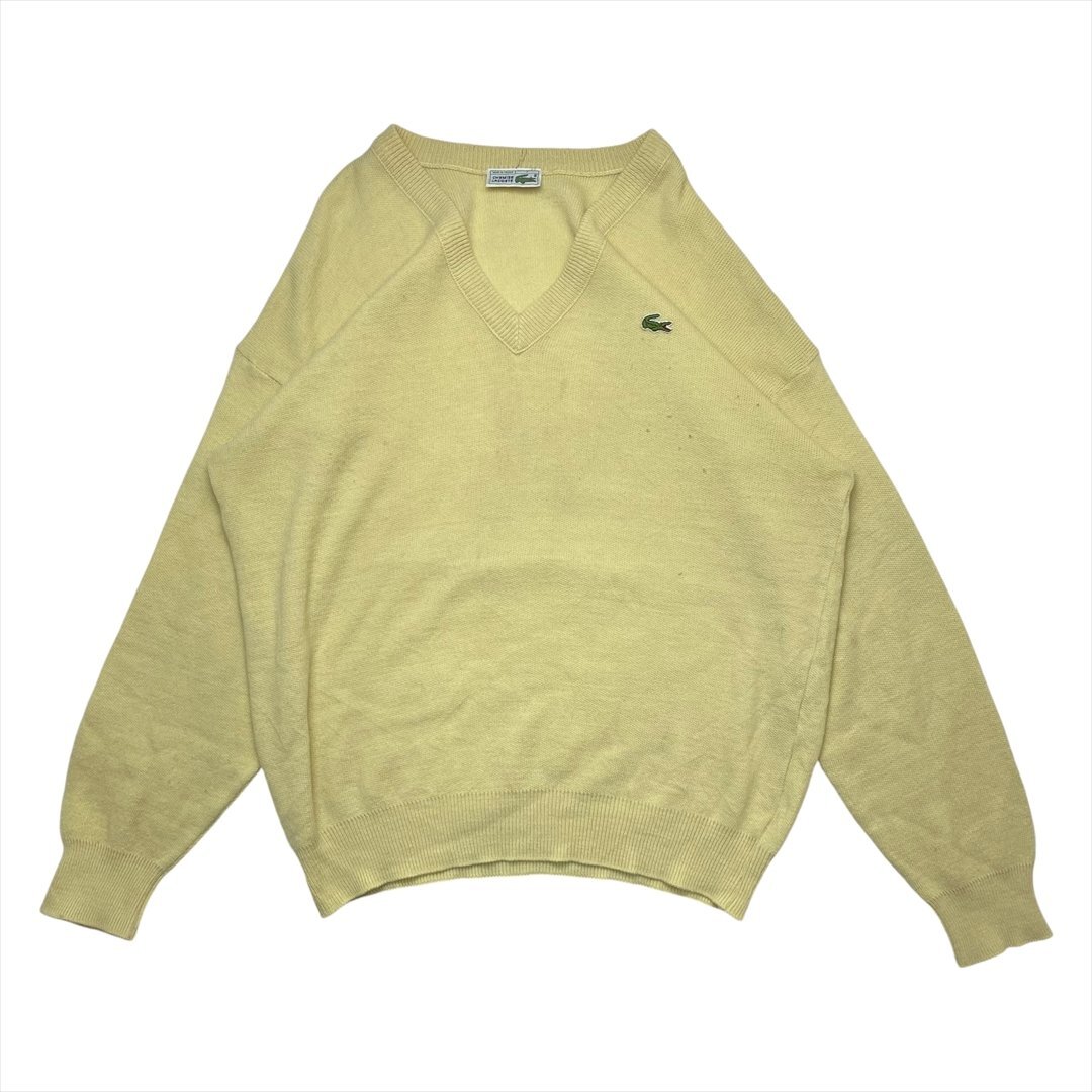 ラコステ ニット セーター イエロー LACOSTE 古着 メンズ FREE 70s~80s Vネック USA製 サイズ 7 クリーニング済み拍卖