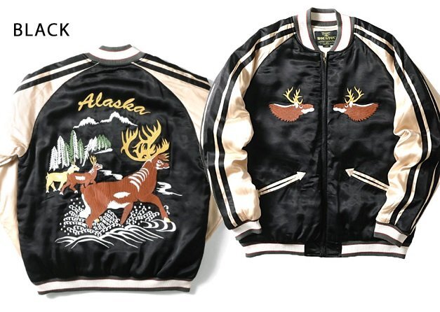 レーヨンサテンスカジャン「ALASKA」 ◆HOUSTON ブラックXLサイズ 51394 ヒューストン 和柄 和風 刺繍 スーベニアジャケット拍卖