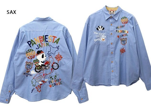 日本縦断トリップパンダシャンブレー長袖シャツ◆PANDIESTA JAPAN サックスMサイズ 564200 パンディエスタジャパン 刺繍拍卖