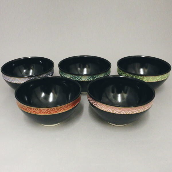 茶道 抹茶茶碗 数茶碗 天目形 色変り 青海波 5客組 田中香泉作 茶道具拍卖