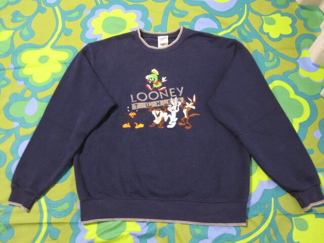 2000年 LOUNEY TUNES ルーニーテューンズ ワーナーブラザーズ スウェット トレーナー メンズS ネイビー×グレーライン×キャラクター刺繍拍卖
