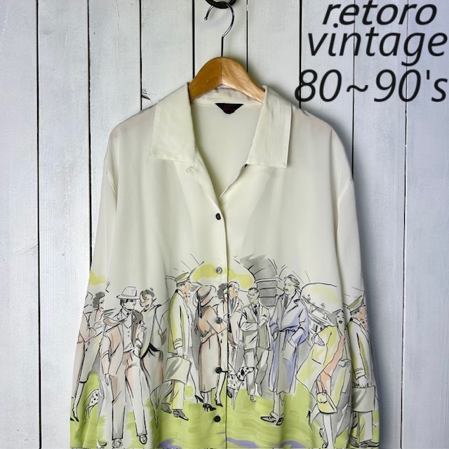 sh●796 レトロ古着 80s~90s デッサン風人物柄 開襟シフォンブラウス シャツ M~L 白 薄手 オールド ヴィンテージ 長袖 ポリシャツ アート拍卖