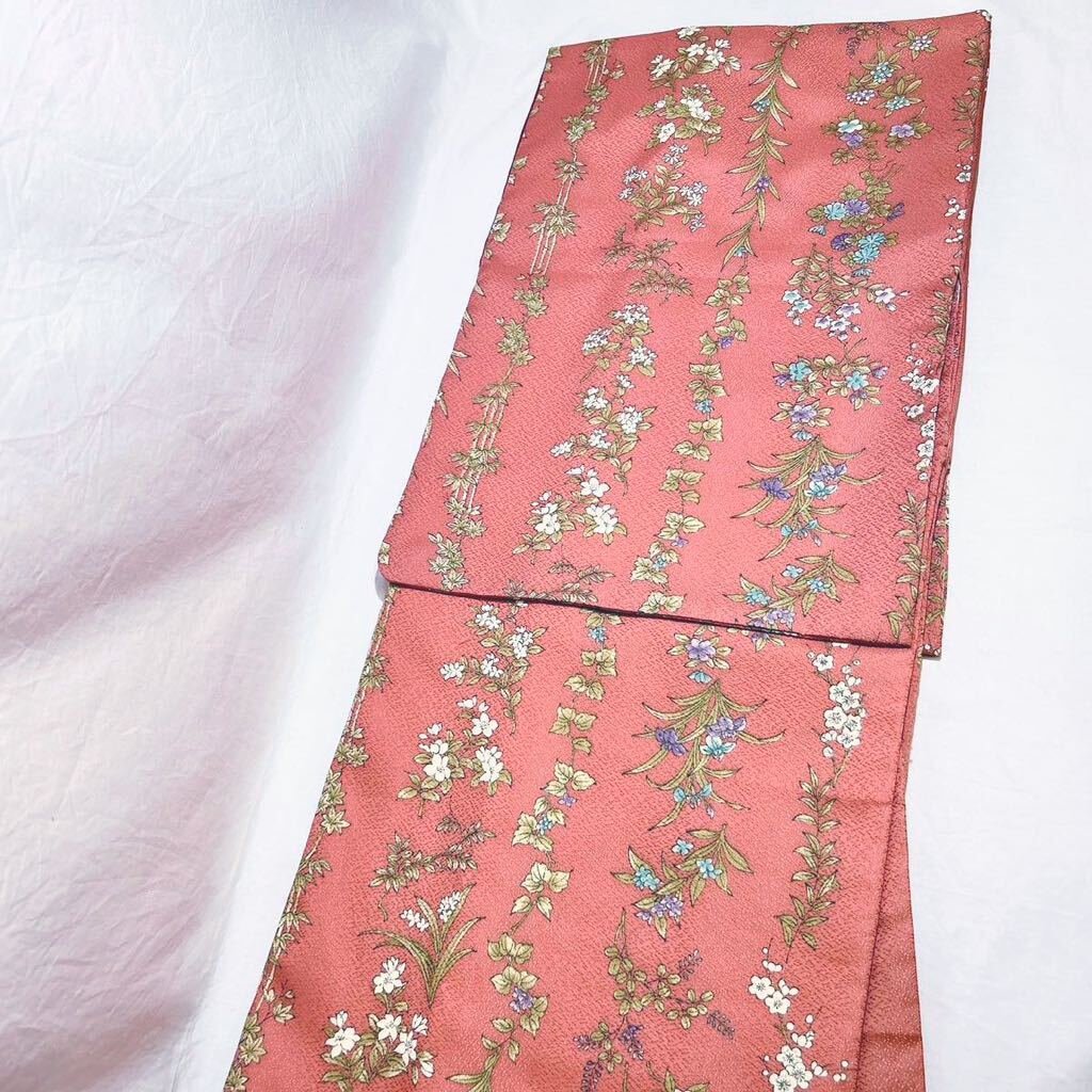 ★美品★ 洗える着物 小紋 袷 広えり きもの サーモンピンク色 ポリエステル 花柄 かわいい 洗濯OK レディース 女性 初心者 (09246①並拍卖