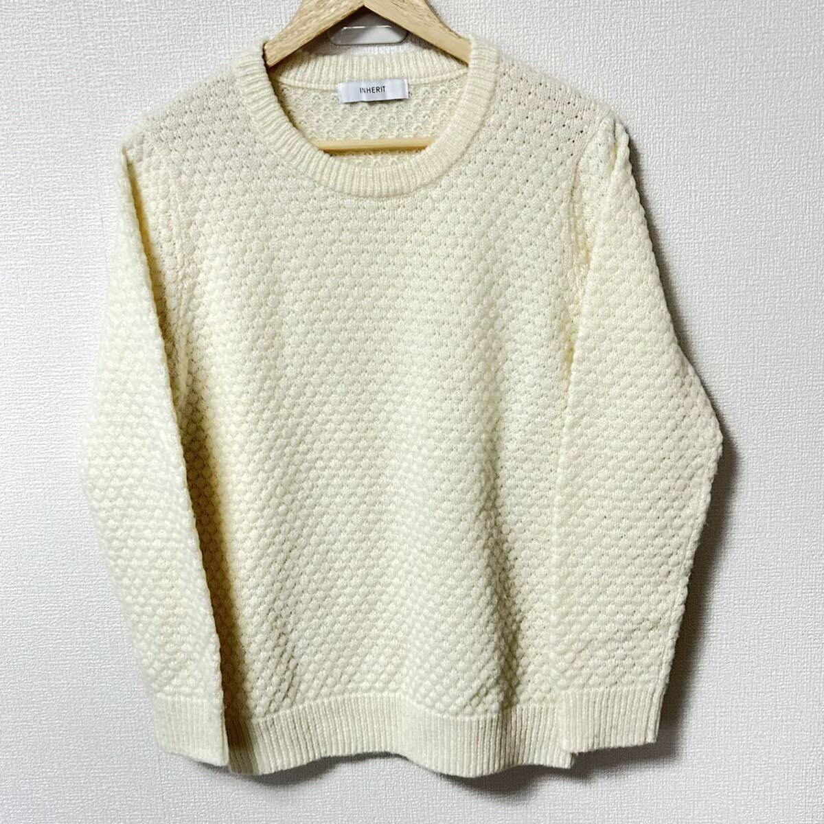 美品◎【INHERIT】インヘリット クルーネック ニットセーター トップス ウール シンプル カジュアル オフホワイト 白 メンズS/Y17518YY拍卖