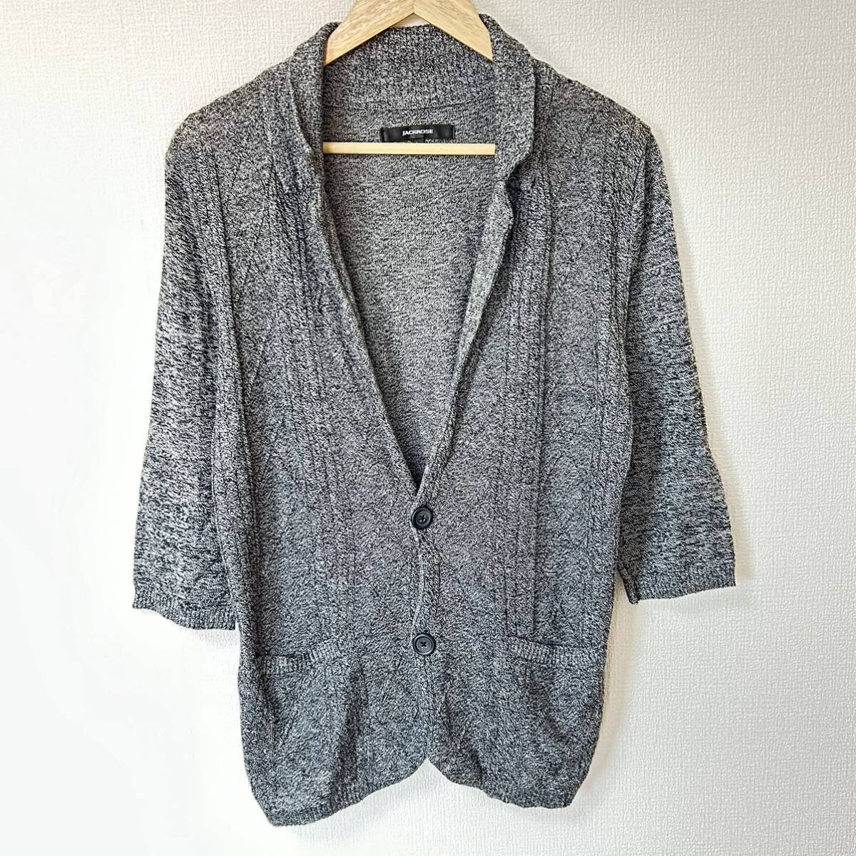 【JACKROSE】ジャックローズ 5分袖 ケーブル編み ニットカーディガン リネン 麻 薄手 バイカー ロック ダークグレー メンズL/Y17459YY拍卖