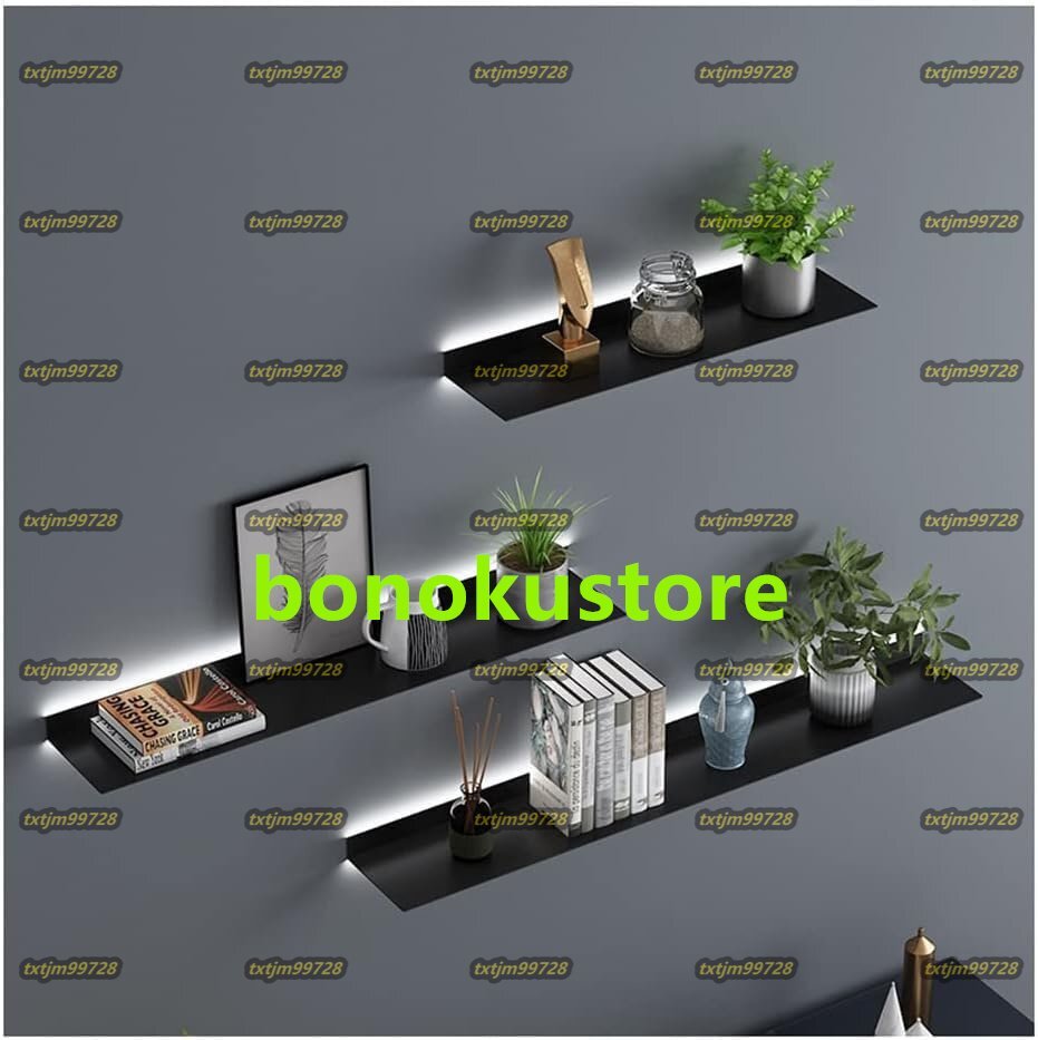 フローティングシェルフ壁掛け、照明付きウォールシェルフ、LEDライト内蔵、植物棚または本棚用、壁収納棚には1個のみ 60x15cm ブラック拍卖