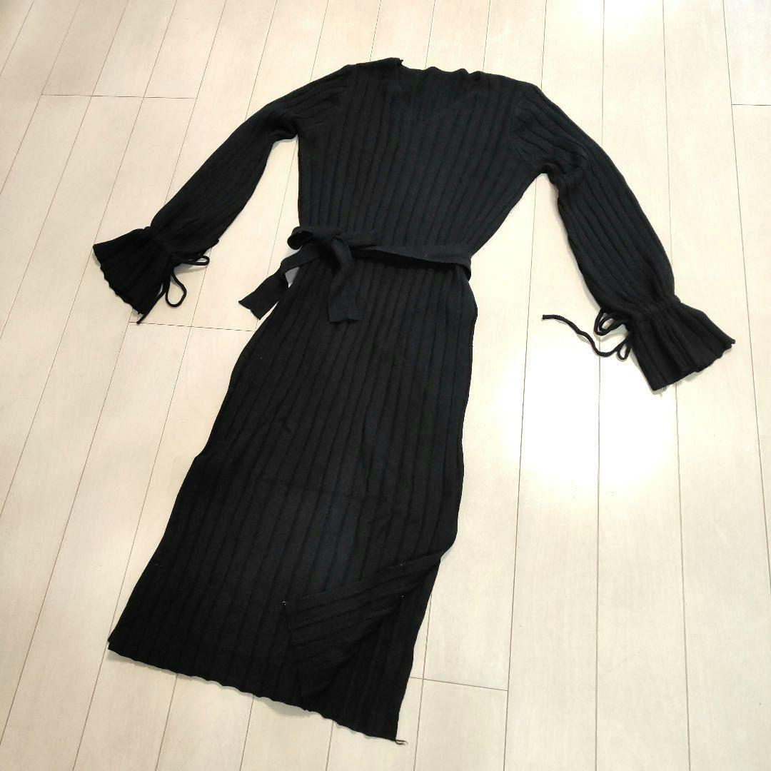 ニットワンピース ブラック 長袖 ペプラム袖 ウェストニットリボン フリーサイズ拍卖