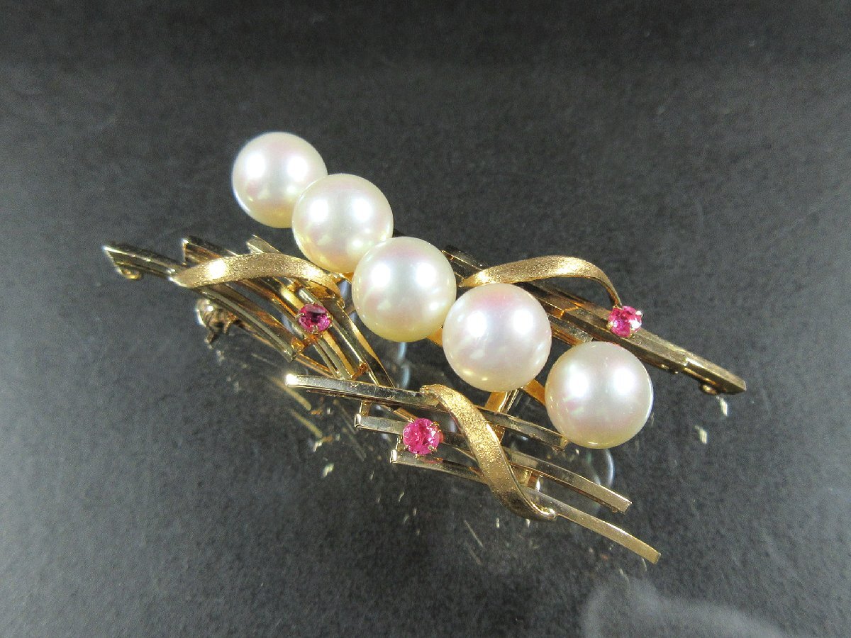 K18YG 7.5mm 5粒 ラウンドシェープ アコヤ真珠 3Pルビー デザイン 帯留め ブローチ 中央宝石研究所鑑別書付 J162拍卖