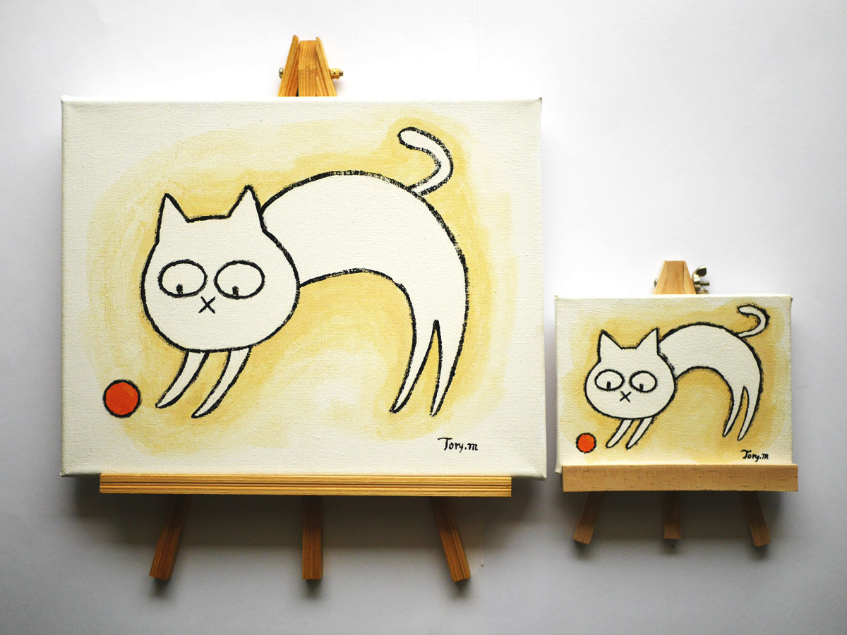 ◇【肉筆アクリル画 】Torymanz(青木青一郎) 真作 『白猫/No.011』①F3号+②ミニキャンバス 2枚組 ※猫の絵拍卖