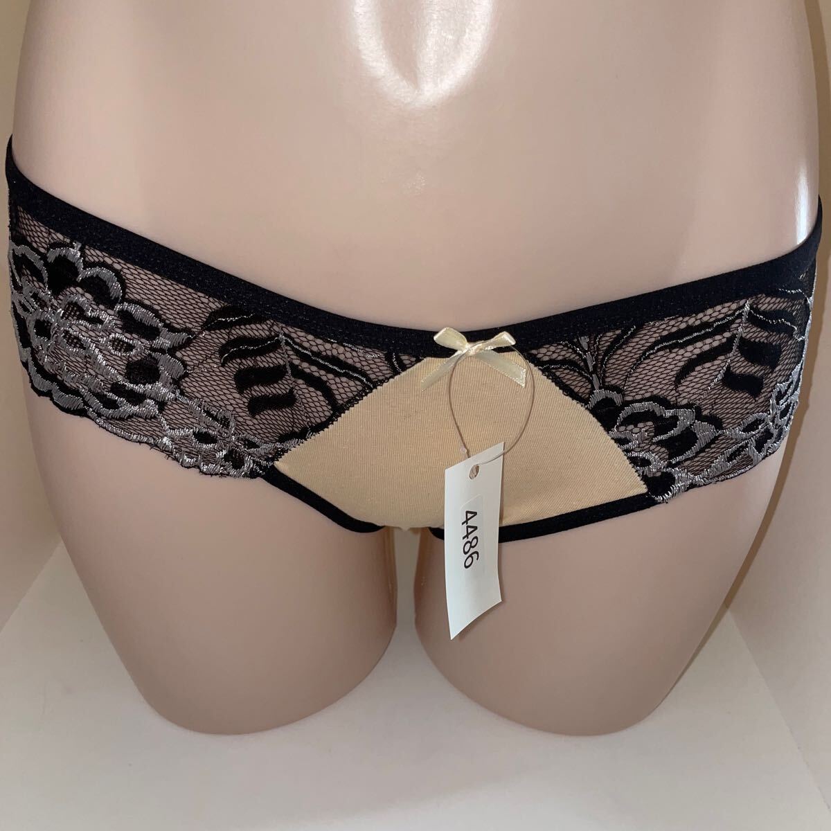 4486★ベージュ×ブラック★リボン×花柄レース★コットンフルバックショーツ拍卖