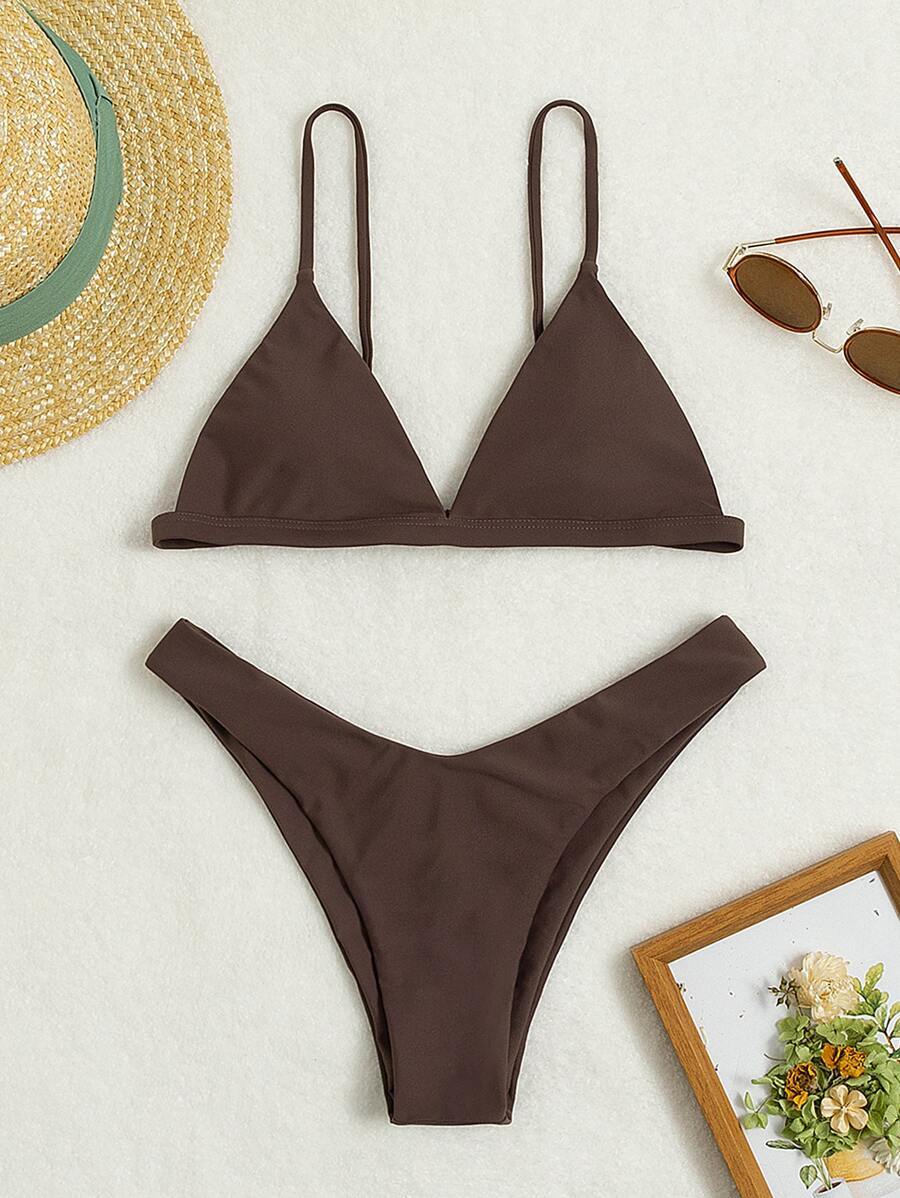 レディース 水着 ビキニセット 夏の海水浴用 無地ビキニセット_三角ブラ&ハイカットボトム2点セットビキニ水着拍卖