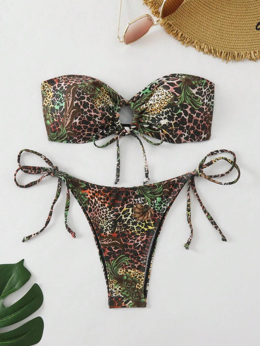 レディース 水着 ビキニセット 女性用 夏 ビーチ セクシー レオパード 水着 セット、ホロウアウトバンドゥービキニ、プリント、(拍卖