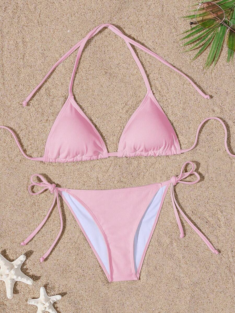 レディース 水着 ビキニセット 女性のビーチウェア サマー ソリッド ホルターネック セクシーなビキニ上下セット拍卖