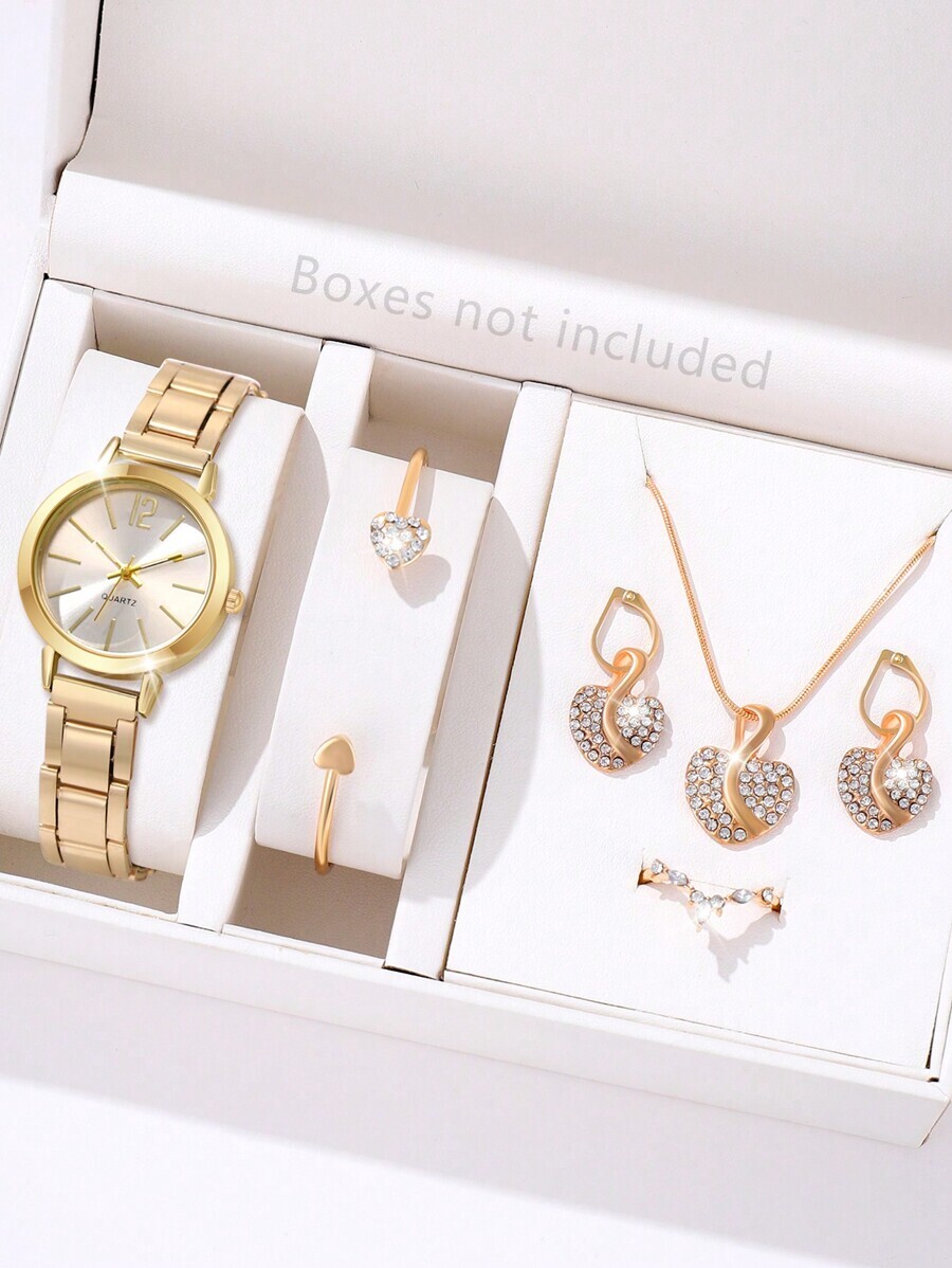 腕時計 レディース セット 6個セット レディース 金属合金バンド クォーツ腕時計 ダイヤモンド付き、3眼ローマン数字デザイン、メ拍卖