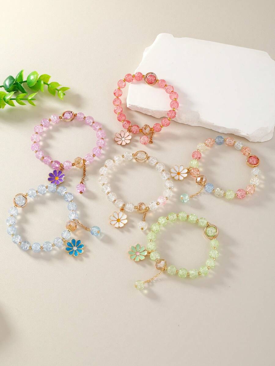 ジュエリー レディース ブレスレット セット 6個入り ボヘミアンスタイル レジンビーズブレスレット、カラフルな花柄デザイン、女性拍卖