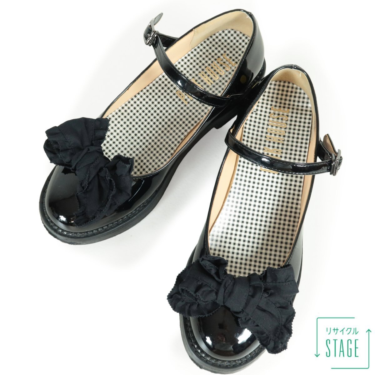 ピンクハウス★2022年Springカタログ掲載色違い♪パンプス ストラップ ローヒール エナメル リボン付き サイズ3(M) 黒系 k3000拍卖