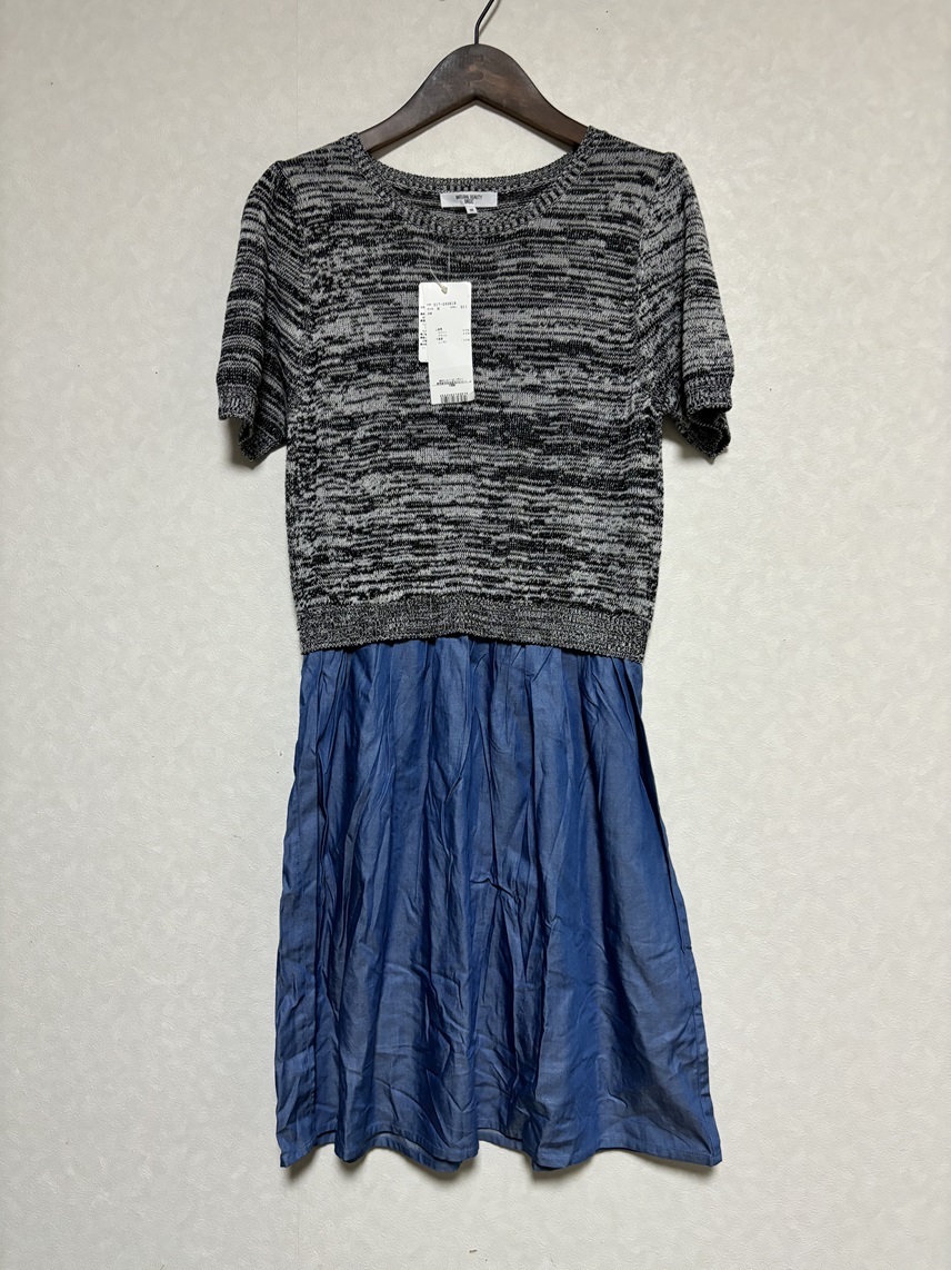 ナチュラルビューティーベーシック【新品 未使用品】切り替えワンピース M グレー×ブルー NATURAL BEAUTY BASIC 半袖 春夏秋 ニット qkq拍卖