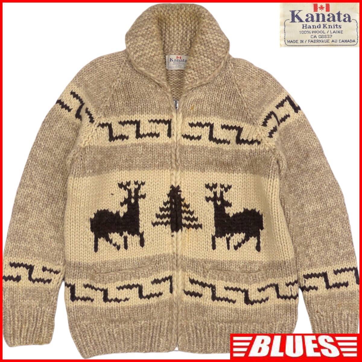 即決★カナダ製 KANATA★メンズ XL位 カウチンセーター カナタ ベージュ 鹿柄 トナカイ ウール ニット セーター ジップアップ 拍卖