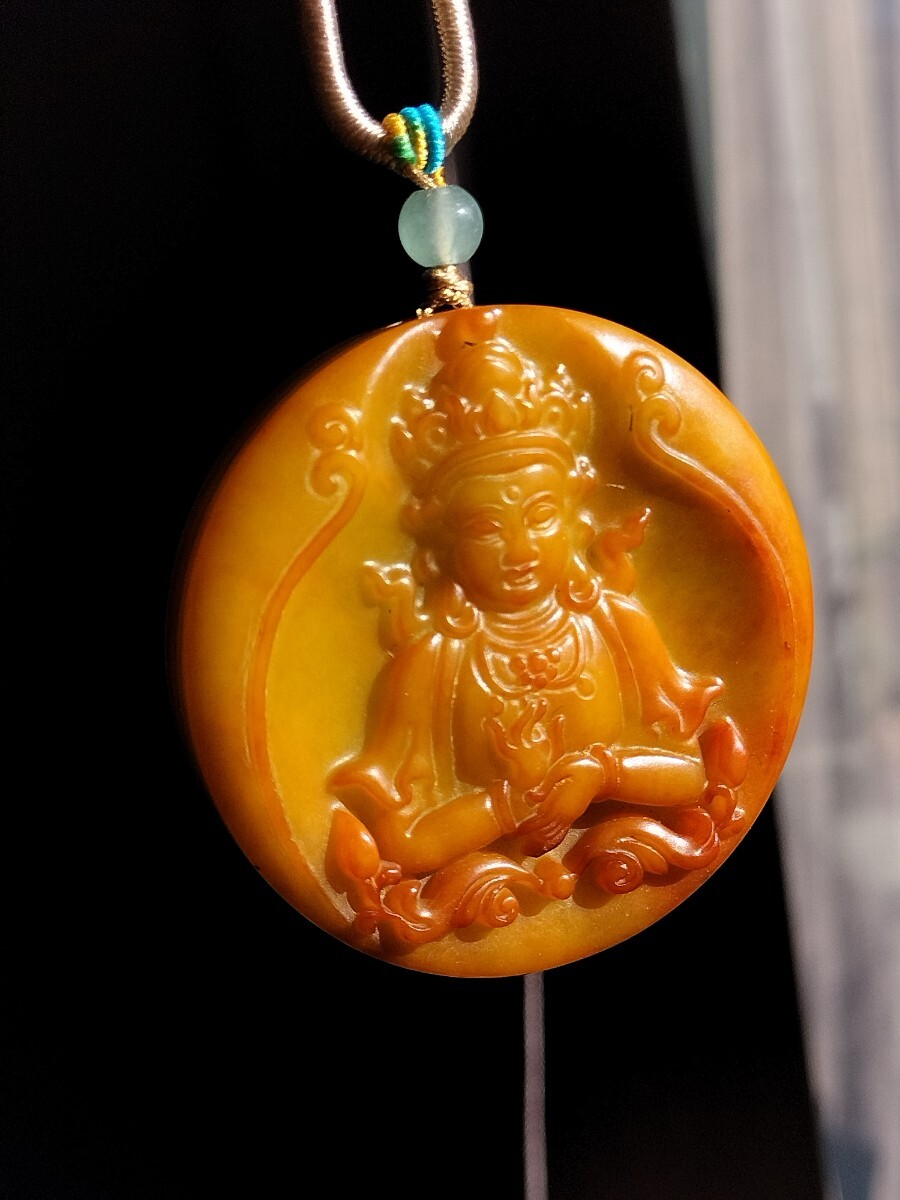 天然玉石 油潤老料古玉 観音彫刻 円牌 ネックレス ペンダント拍卖