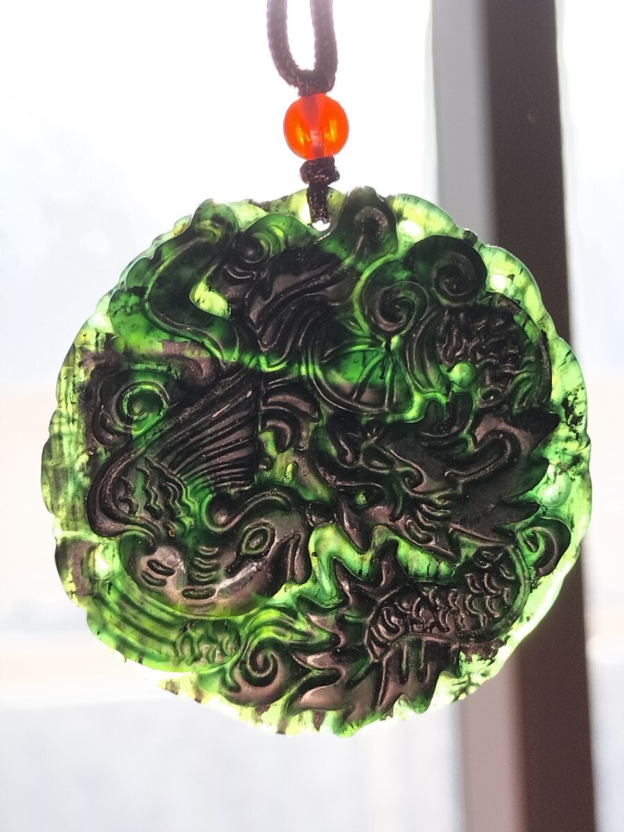 天然玉石 墨玉 龍鳳精彫刻 円札 幸せ圓満円牌 ネックレス拍卖