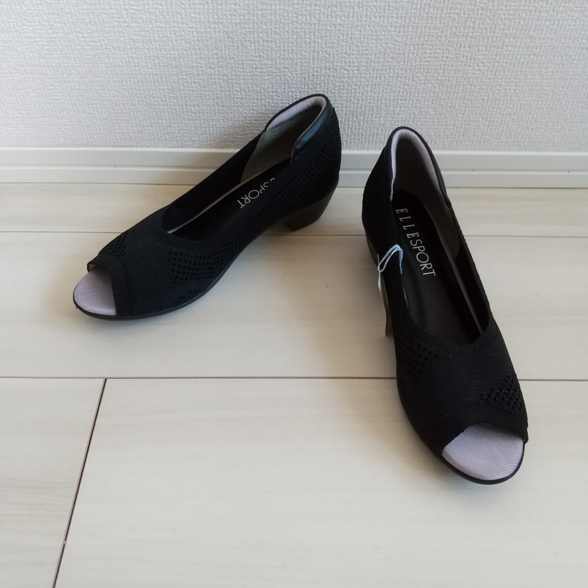 ◎(545)ELLESPORT ブラック オープントゥ シューズ(24.0cm)拍卖