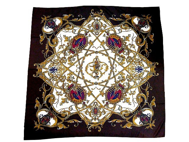 3QV売切!税無し☆大判★スカーフ★紋章柄★総柄★ブラウン★現状★現品限り★0927-9拍卖