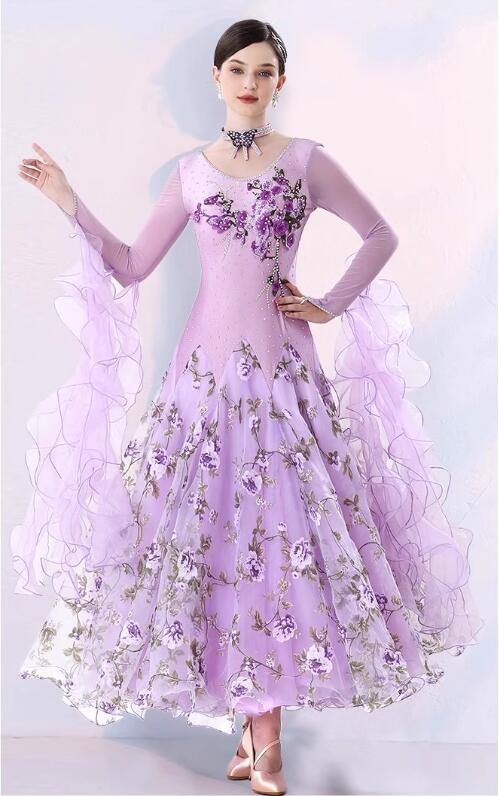 大人気レディース社交ダンス衣装 ワルツ社交ダンスドレス モダンドレス 可愛い花柄 サイズ調整対応 3色選択可能 S~3XL拍卖