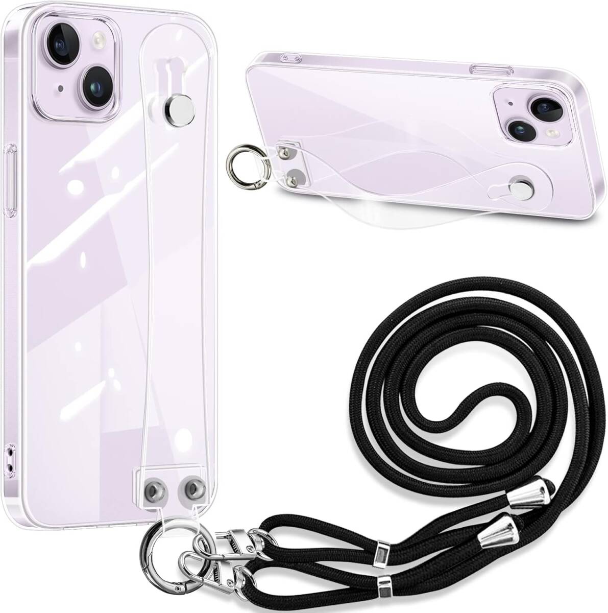 iPhone 14 Plus 用 ケース クリア ショルダー 肩掛け 斜めかけ 透明 tpu 伸縮 バンド リストバンド (6.7インチ 対応) K115拍卖