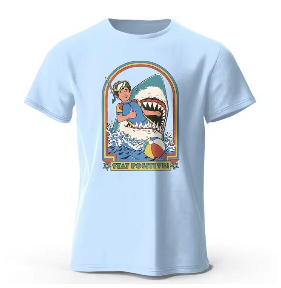 クラシックなヴィンテージ面白いサメTシャツ,肯定的なプリントの服,綿100%,スポーティなトップス サイズ:3XL 色: ライトブルー拍卖