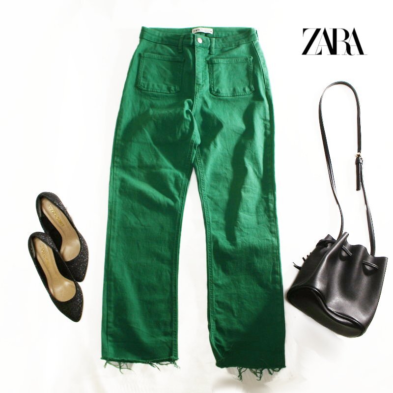美品 ZARA ザラ 前ポケット 裾切りっぱなし カラーデニムパンツ カジュアル パンツ USA6 グリーン 緑 9号拍卖
