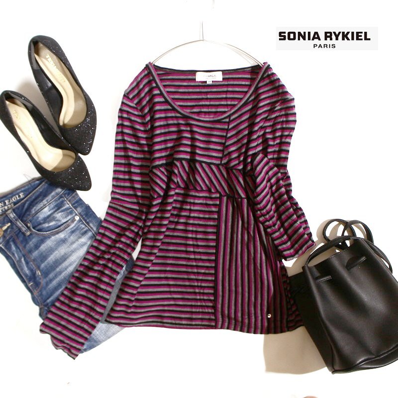 美品 ソニアリキエル SONIA RYKIEL 秋 冬 合物 羊毛 カシミヤ 3色 ボーダー柄 デザイン ニットカットソー 丸首 9号 38 パープル 紫 黒拍卖