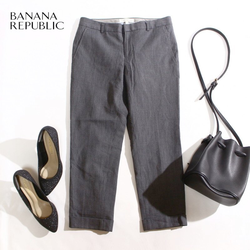 美品 バナナリパブリック Banana Republic 秋 冬 小さな 千鳥柄 ウールパンツ テーパードパンツ 2 グレー M 9号 ネイビー 紺拍卖