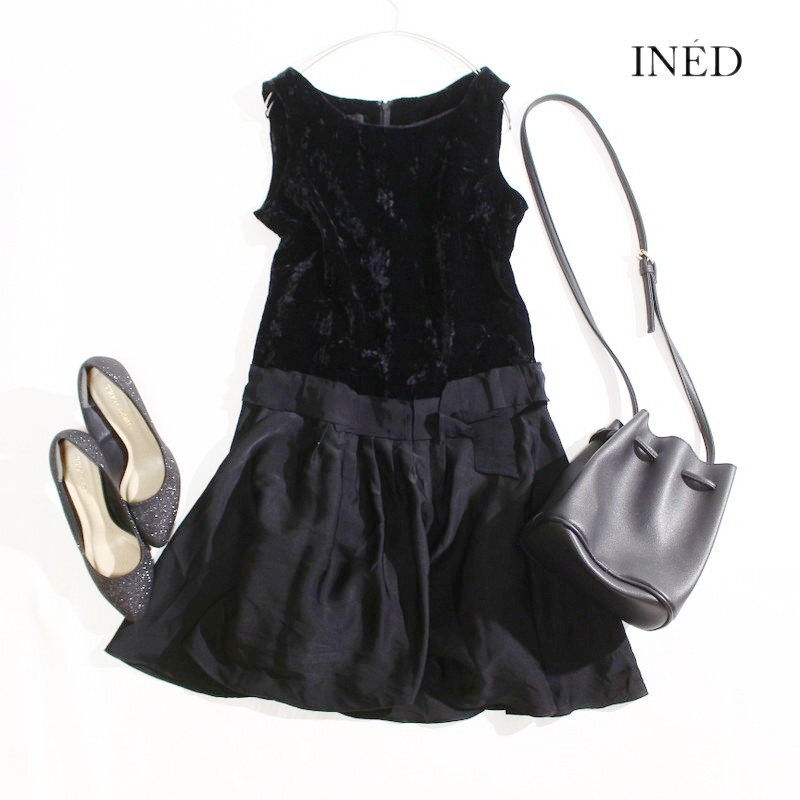 イネド INED 株) フランドル 上品 フォーマル ベロア × 艶 サテン 切替 ノースリーブワンピース ドレス S 7号 ブラック 黒拍卖