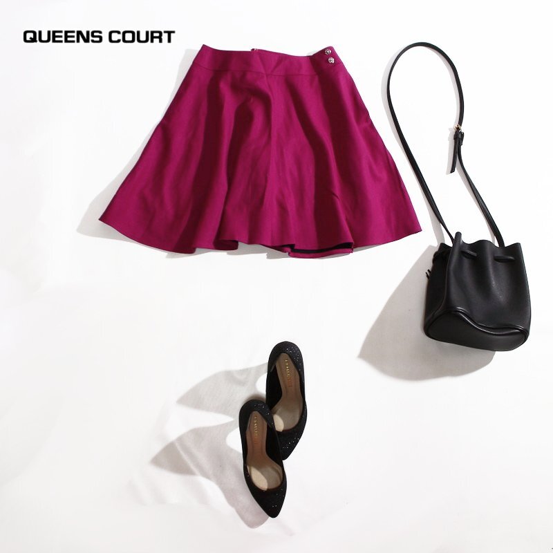 美品 クイーンズコート QUEENS COURT 可愛い 秋 冬 派手 きれい色 膝丈 ウールスカート フレアスカート 9号 2 マゼンタピンク ウール 毛拍卖