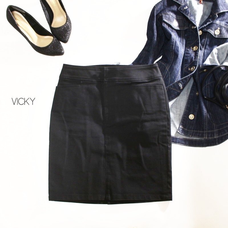 美品 ビッキー VICKY シンプル ハリ ストレッチ 台形 Aライン コットン レーヨン スカート 1 ブラック 黒 ビジネス 綺麗め コンサバ拍卖