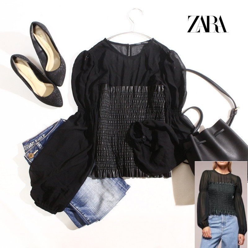 美品 ザラ ZARA 秋 シースルー 切替 フェイクレザーカットソー S ブラック 黒 シャーリング デザイン タイト スタイルUP 着痩せ お洒落拍卖