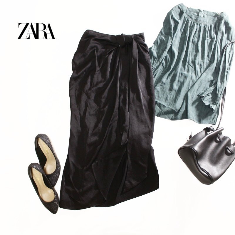 美品 ZARA ザラ シンプル 艶 ギャザー ロングスカート フレアスカート M ブラック 黒 デザイン ジャージ― シフォン拍卖