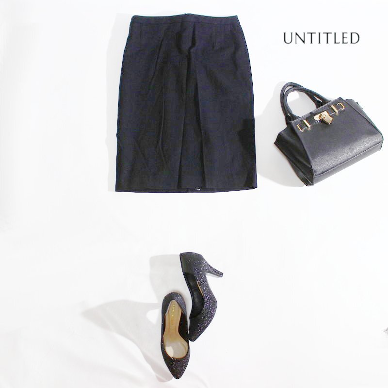 美品 アンタイトル UNTITLED 株) ワールド 合物 ストレッチ タイトスカート スーツ スカート 膝下丈 11号 3 ブラック 黒 フォーマル 綺麗め拍卖