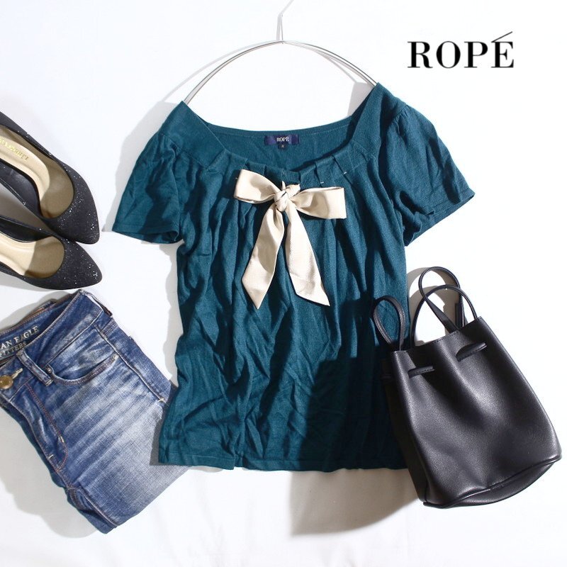 美品 ROPE’ ロペ 株)ジュン 合物 ウール混合 毛 リボン ストレッチ 半袖 ニットカットソー 9号 M 青み グリーン 緑 可愛い 上品拍卖