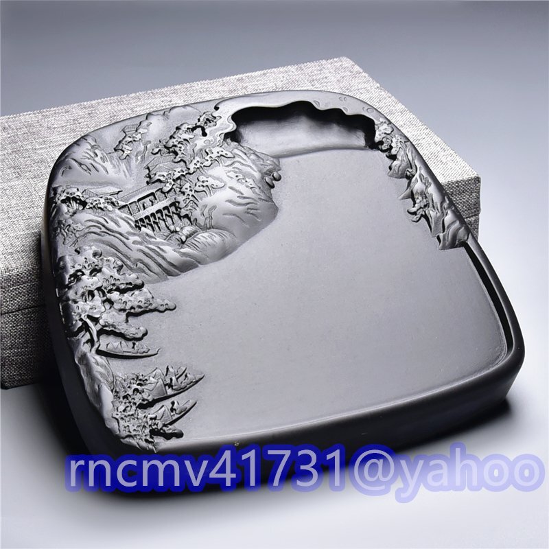 「81SHOP」硯 佳品 無形文化遺産 歙硯 原石 《漁と歌の夜硯》(長さ14.0*幅13.0*高さ2.3cm)雕刻 天然原石 收藏 書道絵画 文房四寶老坑原石拍卖