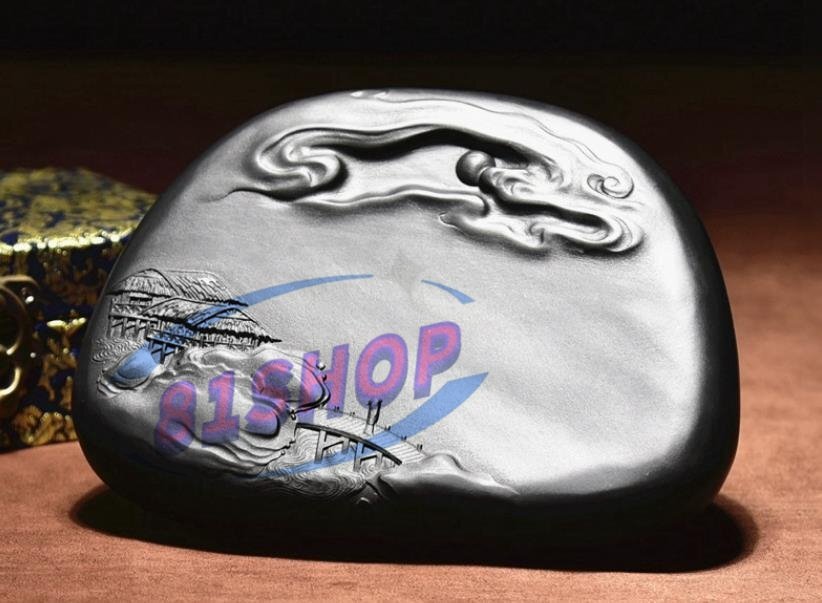 「81SHOP」 歙硯 溪坑 竜潭石《谷川に友達を訪ねる》(さ14.5x幅さ11x厚さ2.8cm)天然 原石 佳品 收藏 書道 絵画 文房四寶 端硯拍卖