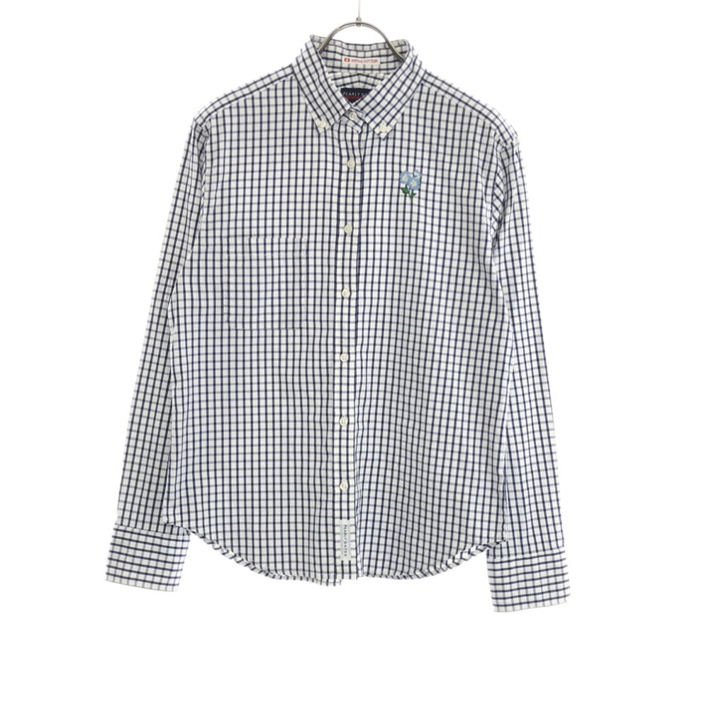 パーリーゲイツ 日本製 チェック柄 刺繍 ゴルフ 長袖 ボタンダウンシャツ 2 ホワイト×ネイビー PEARLY GATES レディース拍卖