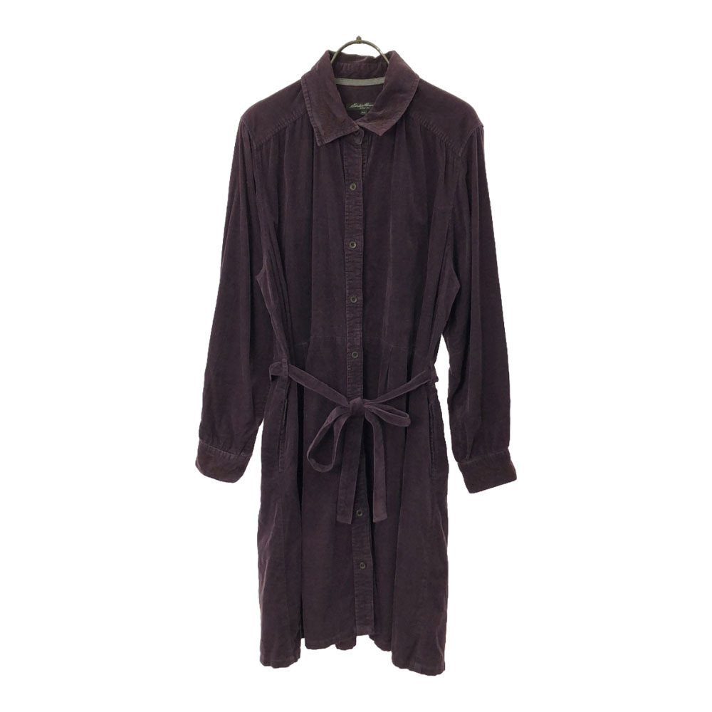 エディーバウアー 刺繍 長袖 コーデュロイ シャツワンピース PXL パープル Eddie Bauer ウエストリボン レディース拍卖