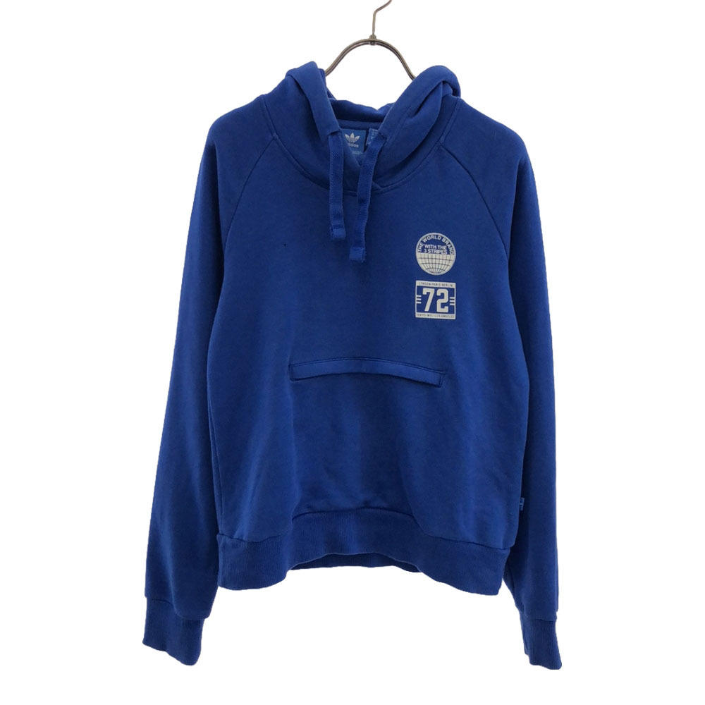 アディダス プリント 長袖 スウェットパーカー L ブルー adidas プルオーバー トレフォイルロゴ トレーナー レディース拍卖