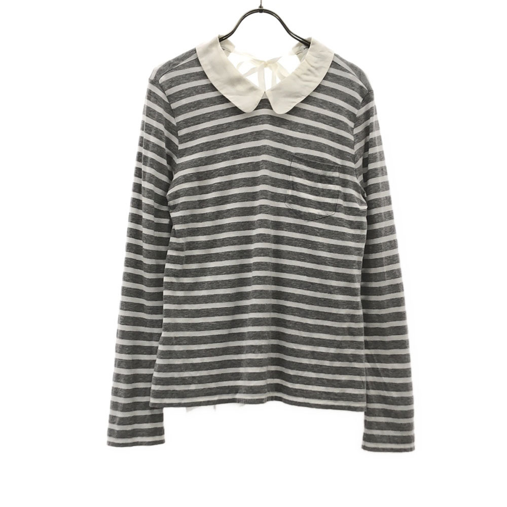 サカイラック 日本製 ボーダー柄 長袖 バックリボン カットソー 2 グレー×ホワイト sacai luck 裏地チュール 襟付き レディース拍卖