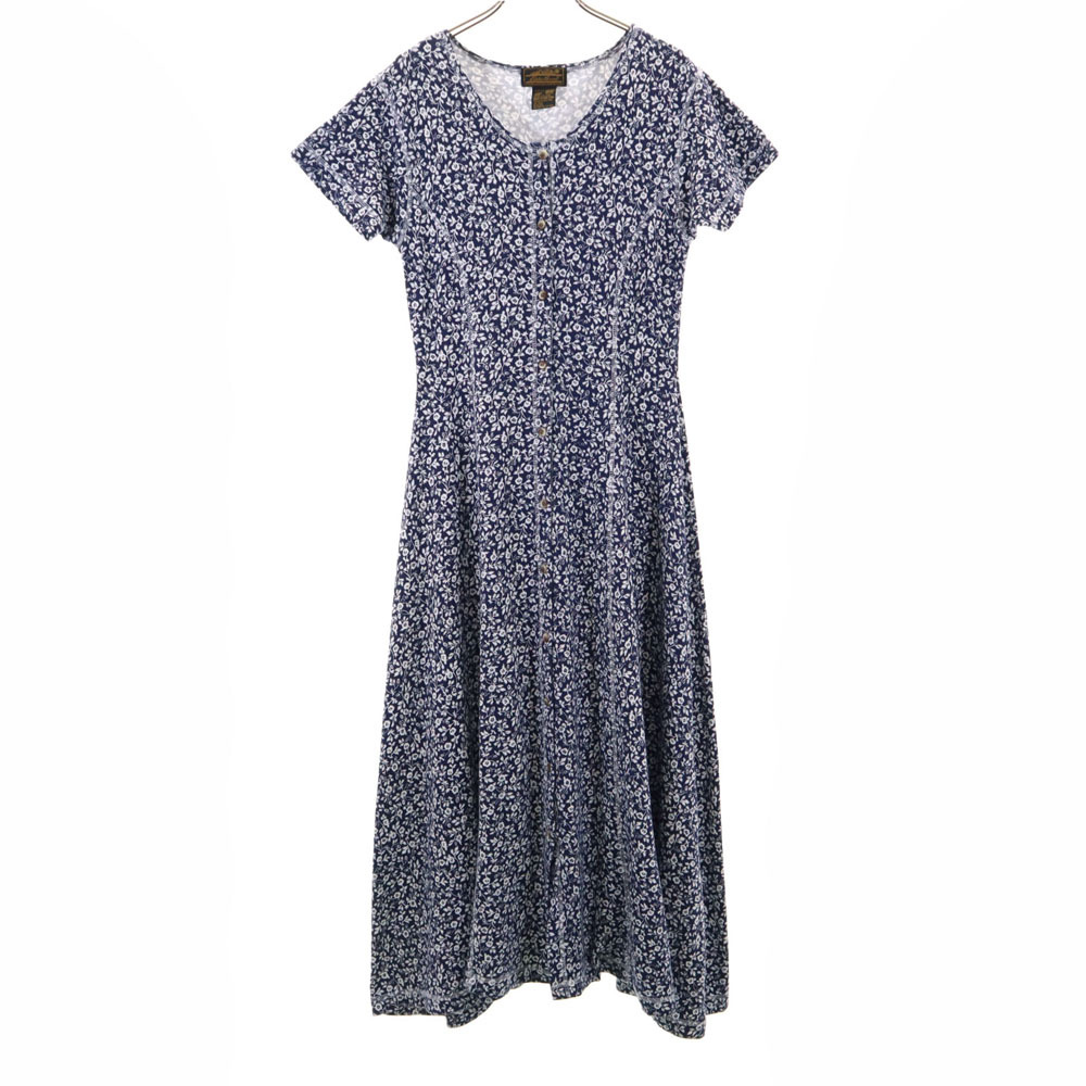 エディーバウアー 90s オールド 花柄 半袖 ロングワンピース XS ネイビー Eddie Bauer レディース拍卖