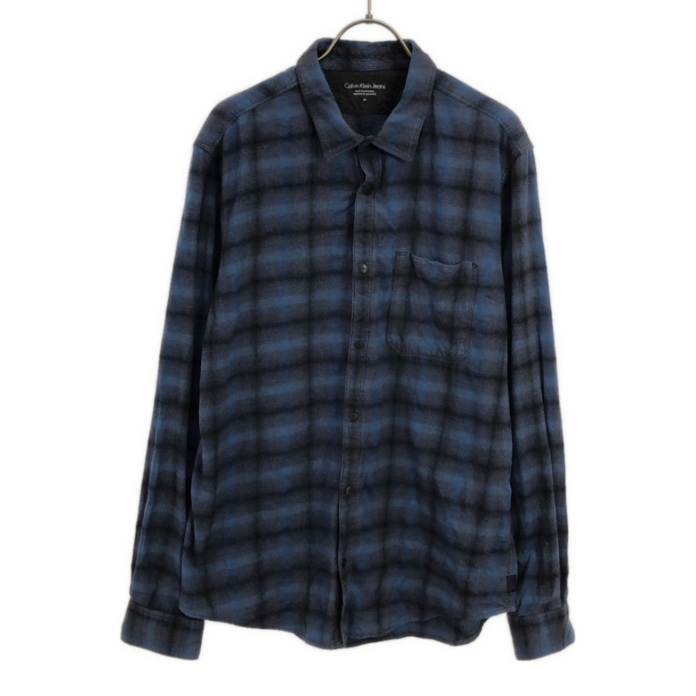 カルバンクラインジーンズ チェック柄 長袖 コットンシャツ M ブルー×グレー系 Calvin klein Jeans メンズ拍卖